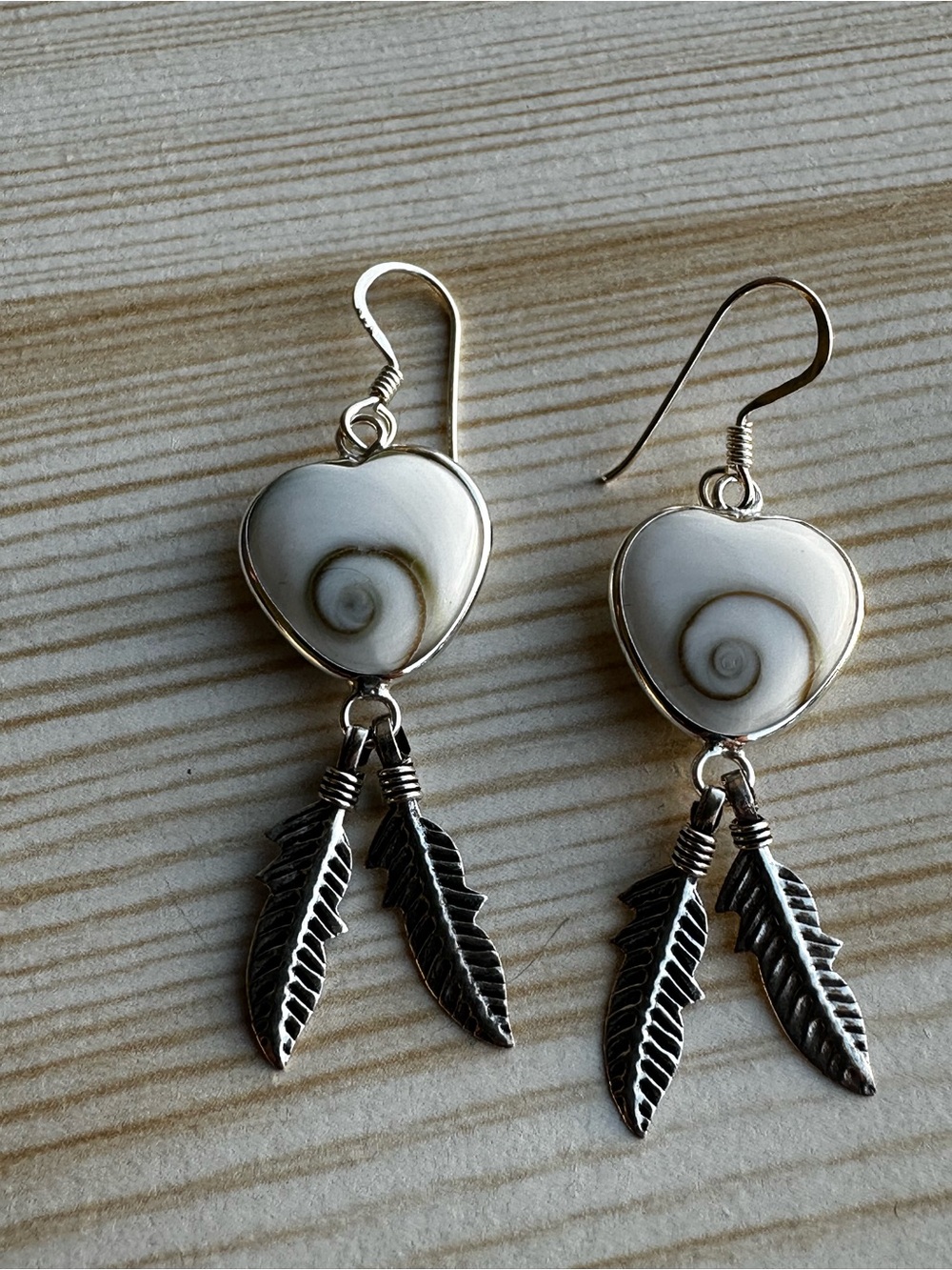 Sterling Silver Heart Shiva Shell Dangle Earrings with Feather Charms